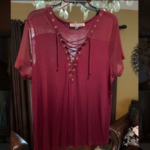 Maroon sheer shoulder lace up top